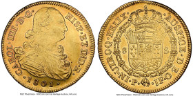 Charles IV gold 8 Escudos 1801 P-JF AU Details (Spot Removals) NGC, Popayan mint, KM62.2, Cal-1674. Glistening golden surfaces with light toning and a...
