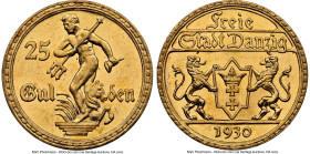 Free City gold 25 Gulden 1930 MS64 NGC, Berlin mint, KM150, Fr-44. Mintage: 4,000. Brilliant and flashy surfaces with semi-Prooflike appearance. HID09...