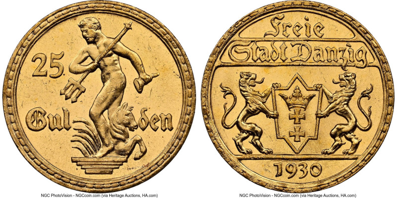 Free City gold 25 Gulden 1930 MS63 NGC, Berlin mint, KM150, Fr-44. Mintage: 4,00...