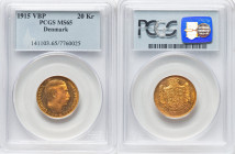 Christian X gold 20 Kroner 1915 (h)-VBP MS65 PCGS, Copenhagen mint, KM817.1, Fr-299. Reflective fields with richly toned surfaces. HID09801242017 © 20...