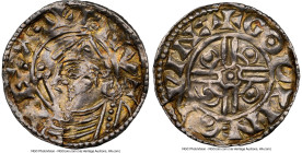 Kings of All England. Cnut (1016-1035) Penny ND (1024-1030) UNC Details (Peck Marked, Bent) NGC, Winchester mint, Godwine as moneyer, Pointed Helmet t...
