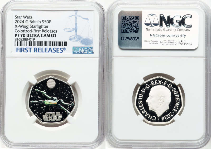 Charles III silver Colorized Proof "X-Wing Starfighter" 50 Pence 2024 PR70 Ultra...