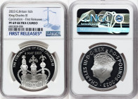 Charles III silver Proof "Coronation Regalia - King Charles III Coronation" 5 Pounds 2023 PR69 Ultra Cameo NGC, Mintage: 16,860. Edge Inscription: GOD...