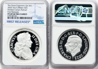Charles III silver Proof "Petition Crown - Portrait" 5 Pounds (2 oz) 2023 PR69 Ultra Cameo NGC, Mintage: 3,260. Great Engravers series. Reverse design...
