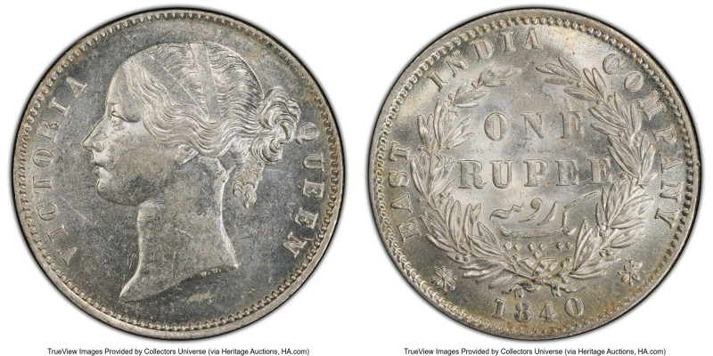 British India. Victoria Pair of Certified Rupees 1840 (c or b) MS61 PCGS, Calcut...