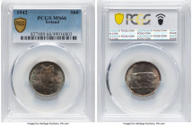 Republic Shilling 1942 MS66 PCGS, London mint, KM14. Last date of four year type and enriched with colorful teal, russet and rose toning. HID098012420...