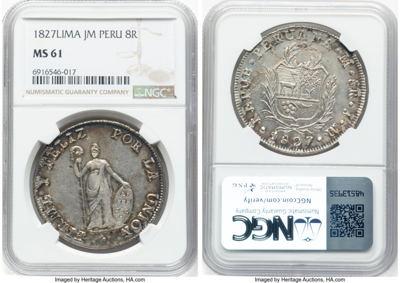 Republic 8 Reales 1827 LM-JM MS61 NGC, Lima mint, KM142.1. HID09801242017 © 2024...