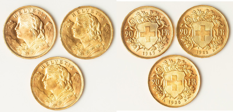Confederation 3-Piece Lot of Uncertified gold 20 Francs, 1) 20 Francs 1922-B AU,...