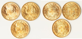 Confederation 3-Piece Lot of Uncertified gold 20 Francs, 1) 20 Francs 1922-B AU, Bern mint, KM35.1. 21mm. 6.44gm 2) 20 Francs 1935-LB AU, Bern mint, K...