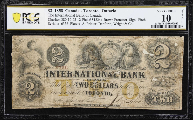 CANADA. International Bank of Canada. 2 Dollars, 15.9.1858. CH #380-10-08-12. PC...