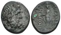 PHRYGIA. Apameia. Ae (Circa 100-50 BC).
Obv: Head of Zeus right, wearing oak wreath.
Rev: AΠΑΜΕΩN.
Facing statue of Artemis Anaitis, with supports. 6,...