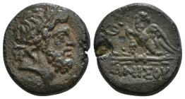 PONTOS. Amisos. Ae (Circa 100-85 BC).
Obv: Laureate head of Zeus right.
Rev: AMIΣOV.
Eagle, with head right, standing left on thunderbolt; monogram to...