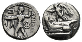 KINGS of MACEDON. Demetrios I Poliorketes. 306-283 BC. AR Drachm Tarsos mint. Struck circa 298-295 BC. Nike standing left on prow of galley left, blow...