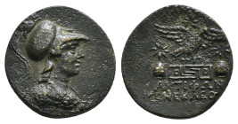 PHRYGIA. Apameia. Ae (Circa 88-40 BC).
Obv: Helmeted bust of Athena right, wearing aegis.
Rev: AΠAMEΩN.
Eagle landing right on maeander pattern; star ...