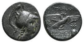 PHRYGIA. Apameia. Ae (Circa 88-40 BC).
Obv: Helmeted bust of Athena right, wearing aegis.
Rev: AΠAMEΩN.
Eagle landing right on maeander pattern; star ...