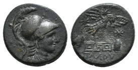 PHRYGIA. Apameia. Ae (Circa 88-40 BC).
Obv: Helmeted bust of Athena right, wearing aegis.
Rev: AΠAMEΩN.
Eagle landing right on maeander pattern; star ...