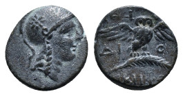 MYSIA. Pergamon. Ae (Circa 200-133 BC).
Obv: Head of Athena right, wearing helmet decorated with star.
Rev: AΘHNAΣ / NIKHΦOPOY.
Owl standing facing on...