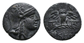 MYSIA. Pergamon. Ae (Circa 200-133 BC).
Obv: Head of Athena right, wearing helmet decorated with star.
Rev: AΘHNAΣ / NIKHΦOPOY.
Owl standing facing on...