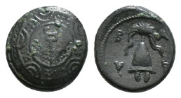 KINGS OF MACEDON. Alexander III 'the Great' (336-323 BC). Ae. Sardes.
Obv: Macedonian shield with kerykeion on boss.
Rev: B - A.
Macedonian helmet. 4,...