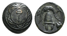 KINGS OF MACEDON. Alexander III 'the Great' (336-323 BC). Ae. Sardes.
Obv: Macedonian shield with kerykeion on boss.
Rev: B - A.
Macedonian helmet. 4,...