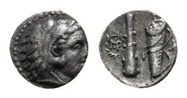 KINGS OF MACEDON. Alexander III 'the Great' (336-323 BC). Hemiobol. Uncertain eastern mint.
Obv: Head of Herakles right, wearing lion skin.
Rev: Club ...