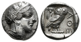 ATTICA. Athens. Tetradrachm (Circa 454-404 BC).
Obv: Helmeted head of Athena right, with frontal eye.
Rev: AΘE.
Owl standing right, head facing; olive...