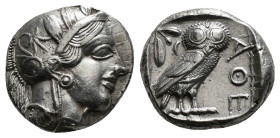 ATTICA. Athens. Tetradrachm (Circa 454-404 BC).
Obv: Helmeted head of Athena right, with frontal eye.
Rev: AΘE.
Owl standing right, head facing; olive...