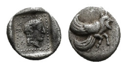 DYNASTS OF CARIA. Orou. Local Dynast (Circa 450-400 BC). Hemiobol.
Obv: OF OV.
Head of female right in dotted square border within incuse square. Rev:...