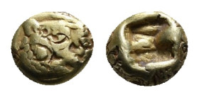 Kings of Lydia, Alyattes to Kroisos, circa 610-546 BC. Electrum Hemihekte – 1/12 Stater. Sardes. Head of a lion with an open jaws, sun above the head ...