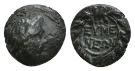 PHRYGIA. Eumeneia. Ae (Circa 200-133 BC).
Obv: Laureate head of Zeus right.
Rev: EYME / NEΩN.
Legend in two lines within wreath. 3,68 g