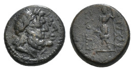 Asiaminor Uncertain.??????????? (Circa 125-86 BC). Ae.
Obv: Jugate heads of Zeus and Hera right.
Rev: Female standing holding sceptre.5,32 g Possibly ...