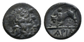 PISIDIA. Ariassos. (circa 150-50 BC).Ae.
Obv : Laureate head of bearded Zeus right.
Rev : APIA.
Humped bull butting left on ground line. 4,14 g