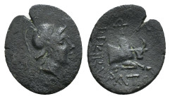 Phrygia. Kibyra, AE,Circa 200-0 BC. Phrygia. Kibyra, AE,Circa 200-0 BC.
Obv: Helmeted head of Athena right.
Rev: ΚΙΒΥΡΑΤΩΝ, Forepart bull to right. 2,...