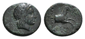 IONIA. Kolophon. Ae (Circa 330-285 BC).
Obv: Laureate head of Apollo right.
Rev: KOΛ.
Forepart of galopping horse right. 2,09 g