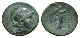 MYSIA. Pergamon. Ae (Mid-late 2nd century BC). Pergamos, magistrate.
Obv:Helmeted head of Athena right
Rev: ΠΕΡΓΑΜΗΝΩΝ.
Nike standing right, holding w...