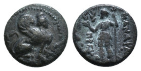 PAMPHYLIA. Perge. Ae (Circa 260-230 BC).
Obv: Sphinx seated right, wearing kalathos.
Rev: ИANAΨAΣ / ΠPEIIAΣ.
Artemis standing left, holding wreath and...