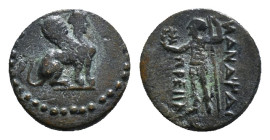PAMPHYLIA. Perge. Ae (Circa 260-230 BC).
Obv: Sphinx seated right, wearing kalathos.
Rev: ИANAΨAΣ / ΠPEIIAΣ.
Artemis standing left, holding wreath and...