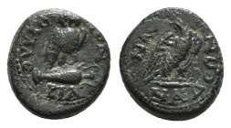 PHRYGIA. Synnada. Pseudo-autonomous. Time of Tiberius (14-37). Ae. Krassos, magistrate.
Obv: CVΝΝΑΔЄΩΝ.
Owl, with head facing, standing right on ampho...