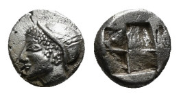 IONIA. Phokaia. Obol (Circa 521-478 BC).
Obv: Female head left, wearing helmet or close fitting cap.
Rev: Quadripartite incuse square. 1,34 g