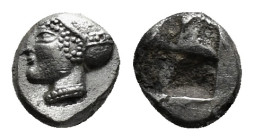 IONIA. Phokaia. Obol (Circa 521-478 BC).
Obv: Female head left, wearing helmet or close fitting cap.
Rev: Quadripartite incuse square. 1,16 g