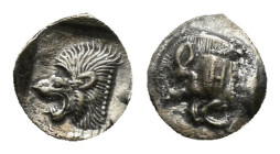 MYSIA. Kyzikos. Hemiobol (Circa 450-400 BC).
Obv:: Head of lion left
Rev: Forepart of boar left; to right, tunny upward 0,45 g