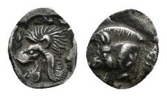 MYSIA. Kyzikos. Hemiobol (Circa 450-400 BC).
Obv:: Head of lion left
Rev: Forepart of boar left; to right, tunny upward 0,42 g