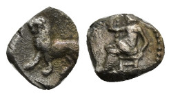 ALEXANDRINE EMPIRE. Time of Stamenes to Seleukos (Satraps of Babylon, circa 328-311 BC). Hemiobol.
Obv: Lion walking left; spearhead above. / Rev: Baa...