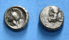 PERSIA, Achaemenid Empire. temp. Artaxerxes II to Darios III. Circa 400-332 BC. AR Tetartemorion Kolophon(?) mint. Obv :Helmeted head of Athena left. ...