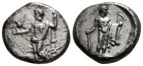 Cilicia, Issos AR Stater. Circa 385-380 BC. Obverse die signed by Apatorios. Apollo standing facing, head left, holding patera and placing hand on lau...