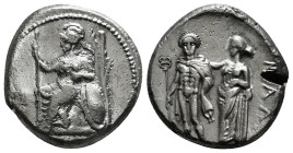 CILICIA. Mallos. Circa 385-375 BC. Stater Silver. Athena seated to left, helmeted and draped, holding spear with her right hand and resting her left a...