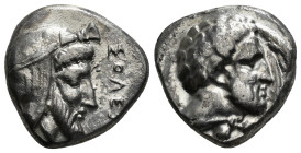 CILICIA. Soloi (c.380-350 B.C.), Silver Stater. Obv : ΣOΛEΩN (retrograde), head of satrap facing to right, wearing a Persian headdress. Rev : Bearded ...