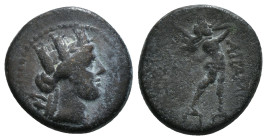 PHRYGIA. Apameia. Ae (Circa 88-40 BC). 
Obv: Turreted head of Artemis-Tyche right, with bow and quiver over shoulder.
Rev: AΠAMEΩN.
Marsyas advancing ...