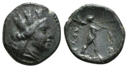 PHRYGIA. Apameia. Ae (Circa 88-40 BC). 
Obv: Turreted head of Artemis-Tyche right, with bow and quiver over shoulder.
Rev: AΠAMEΩN.
Marsyas advancing ...
