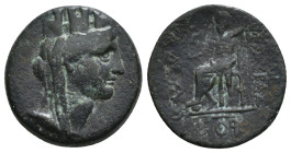 CILICIA. Tarsos. Ae (164-27 BC).
Obv: Turreted head of Tyche right; monogram to left.
Rev: ΤΑΡΣΕΩΝ.
Zeus seated left on throne, holding sceptre; two m...